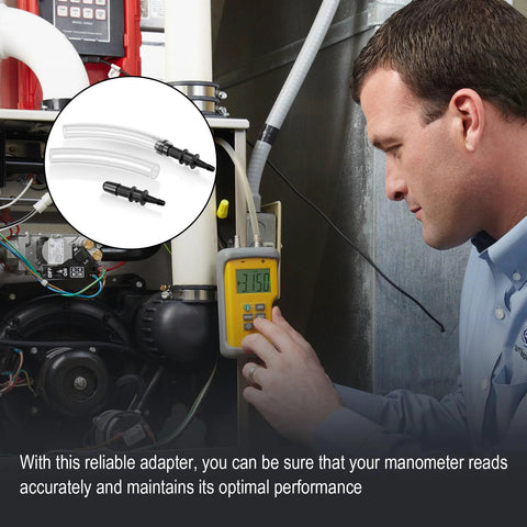 Manometer tube adapters 3/16 to 5/16 in with clear tubing and black fittings for gas appliance valves, 2-pack