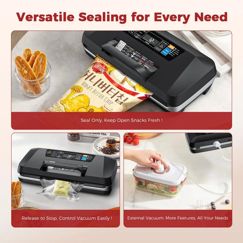 Powerful 95Kpa Automatic Food Vacuum Sealer With Built In Cutter And Bag Storage in use on kitchen counter with snack bags.