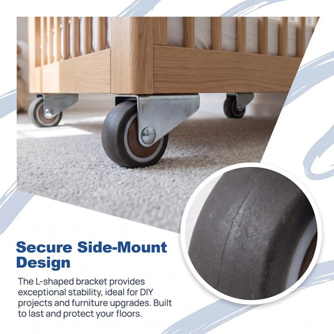 Low Profile Side Mount Caster Wheels Kit on furniture showcasing smooth rolling with brown metal casters
