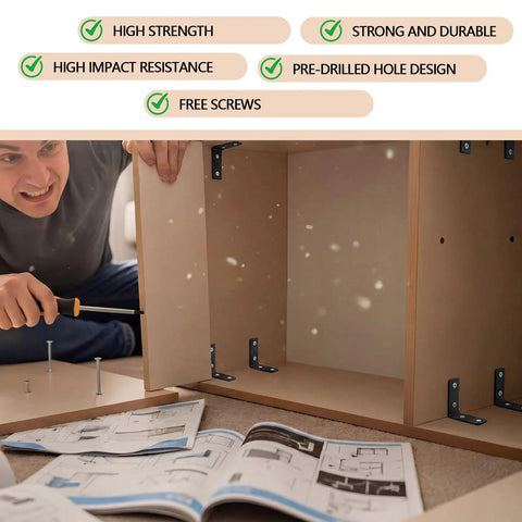 Man assembling cabinet with 100 Pcs 2 Inch Corner Brackets Set Steel L Shaped Right Angle Braces With Zinc Plating Four Hole Design