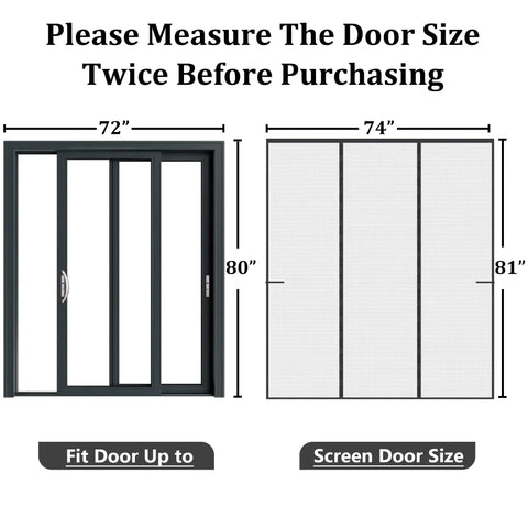 Upgraded Reinforced Magnetic Screen Door For Sliding Doors Fits 72x80 Inches size comparison chart with measurements