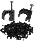 50-pack black plastic J-clips with screws for PEX, copper, CPVC tubing support.