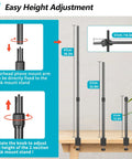 Overhead Desk Mount For Cameras And Webcams With Flexible Boom Arm And 360 Degree Ball Head height adjustment guide shown.