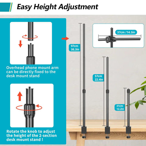 Overhead Desk Mount For Cameras And Webcams With Flexible Boom Arm And 360 Degree Ball Head height adjustment guide shown.