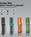 Four Dope Archer Mini EDC Flashlights USB C Pocket Light With 405 Lumens IPX8 Waterproof shown in black, blue, orange, and green colors