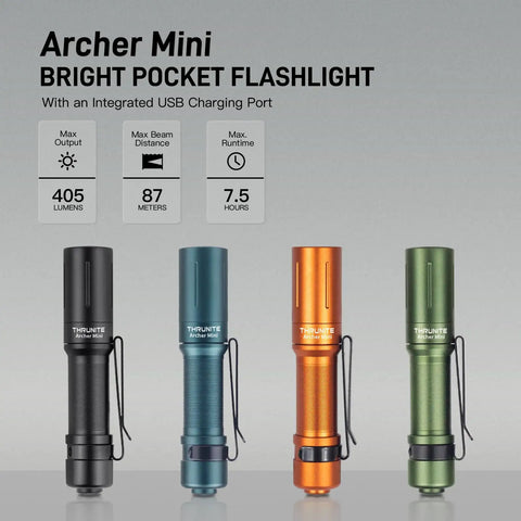 Four Dope Archer Mini EDC Flashlights USB C Pocket Light With 405 Lumens IPX8 Waterproof shown in black, blue, orange, and green colors