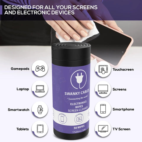 Person using Screen Cleaner Wipes For Screens And Lenses Safe Gentle Electronic Wipes For Phone TV Computer Monitor With Microfiber Cloth Canister 200 Count on smartphone