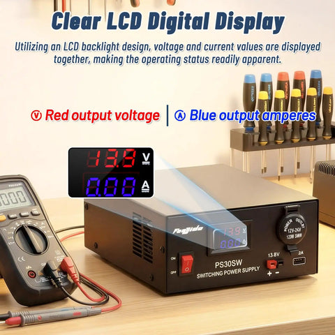 30A 13.8V Bench Power Supply For Ham Radio Rigs And CBs Universal Regulated DC Converter with clear LCD digital display