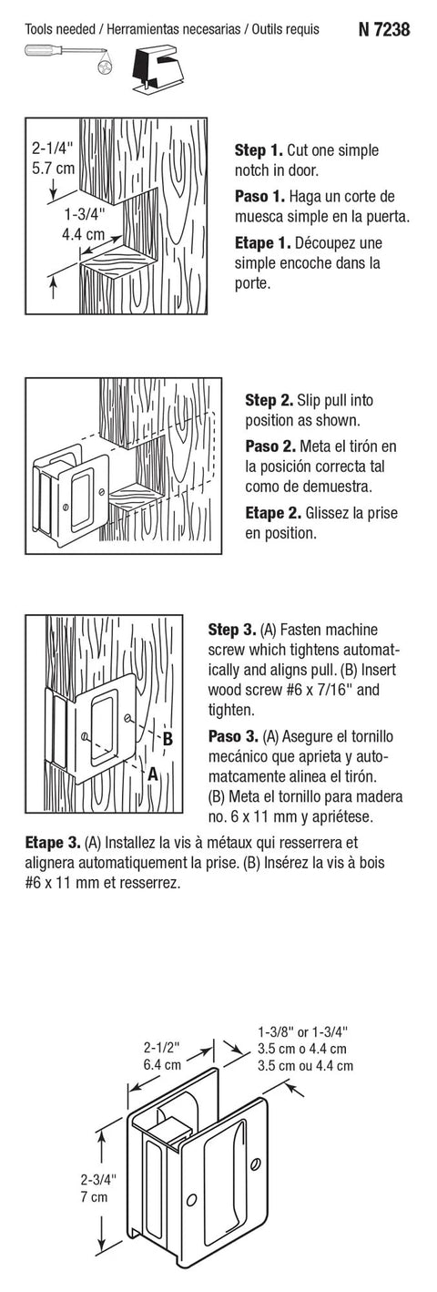 Installation diagram for Pocket Door Passage Pull in Satin Nickel Finish showing dimensions and steps for solid brass construction install.