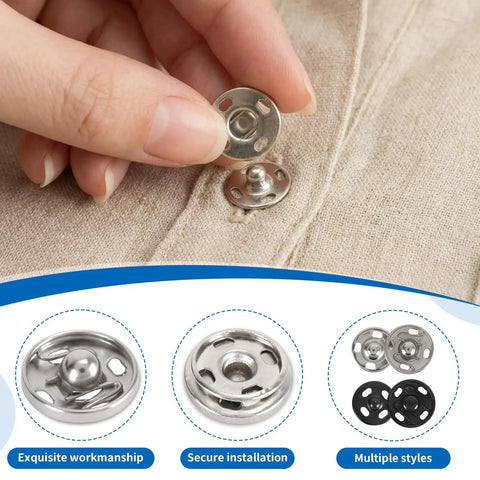 Must-Have Snap Button Kit For Fabric Sewing With 140 Pairs In Black And Silver All In One Variety Pack shown in use on fabric