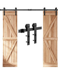 8 Ft Double Sliding Barn Door Hardware Kit With Straight Pulleys Heavy Duty Track System For 24 Inch Wide Double Doors Slide Like Butter Whisper Quiet Glide And Easy Install Durable Steel Black Finish with wood doors