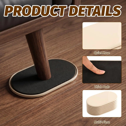 Eight Pack Heavy Duty Furniture Sliders For Carpet And Hardwood Flooring Featuring A Thick Cushioned Buffer, with a cushioned pad under a furniture leg.
