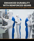 Three workers in blue and white protective suits operating machinery, illustrating Heavy Duty White Disposable Coveralls Industrial Grade Antistatic Protective Suit Full Body Tear Puncture Resistant Cleaning Jumpsuit 2XL 25 Pack For Chemical Handling Construction And Paint Jobs.