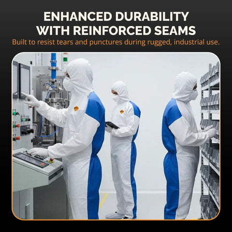 Three workers in blue and white protective suits operating machinery, illustrating Heavy Duty White Disposable Coveralls Industrial Grade Antistatic Protective Suit Full Body Tear Puncture Resistant Cleaning Jumpsuit 2XL 25 Pack For Chemical Handling Construction And Paint Jobs.