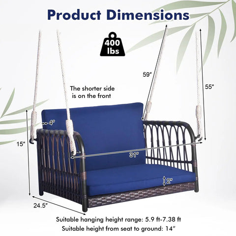 Cozy Navy Rattan Patio Swing Chair For One With Cushions, Heavy Duty Metal Frame And Sturdy Hanging Ropes, Product Dimensions Shown