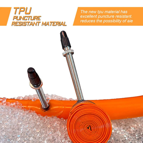 Ultra Lightweight MTB Inner Tube Set For 26, 27.5, 650B And 29 Inch Wheels With Presta Valve Includes Tire Levers And Rim Strips Two Pack Each Tube About 42g Compatible With 26x1.5/2.0, 27.5x1.90/2.5, 29x1.90/2.5 showing TPU material and Presta valve.