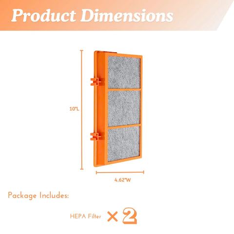 Dimensions and package of Two Pack 3 In 1 HEPA Air Filter Replacement With Activated Carbon For Holmes And Bionaire Purifiers