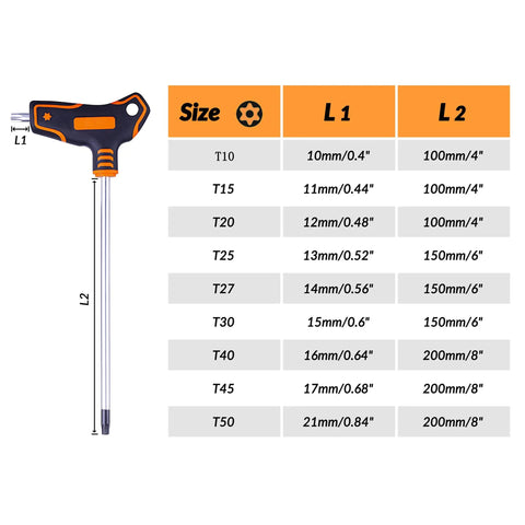 9 Piece T Handle Torx Wrench Set With S2 Steel Long Arm Security Star Keys T10 Through T50 size chart