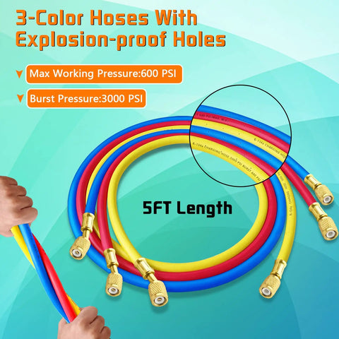 3 Piece AC Manifold Gauge Hose Set With Self Sealing Puncture Style R134A Can Taps, R134A Adjustable Quick Couplers, And Refrigerant Tank Adapters For A C Refrigerants, Charging And Diagnostics, 5FT hoses