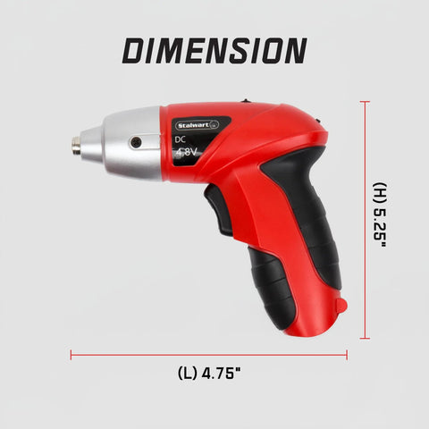 Side view of 25-Piece Cordless Screwdriver Set With LED Work Light, Automatic Spindle Lock, Forward And Reverse in red showing dimensions.