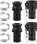 2 Pack Cam Lock Fittings Type C And E 2 Inch Cam And Groove Hose Fitting Kit With 2 Inch Female Coupling 2 Inch Male Adapter Gasket And Hose Clamps For Heavy Duty Industrial Use; black polypropylene fittings with 304 clamps