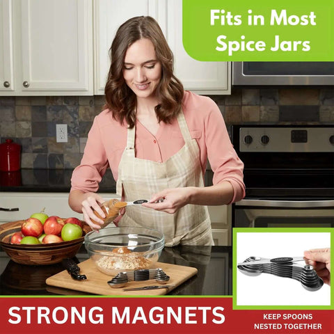 Woman using Magnetic Stainless Steel Measuring Spoons Set 8 Pieces With Leveler in kitchen, baking cookies with ingredients.
