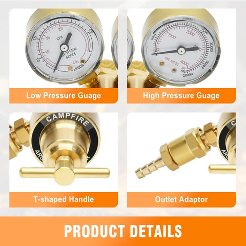 CAMPFIRE Argon/CO2 welding regulator with dual gauges, gold finish, CGA580 inlet