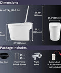 Dimensions and package details for Hassle Free Tankless Smart Toilet Heated Seat Auto Flush Lid Smooth Dual Flush 1000 Map Rating.