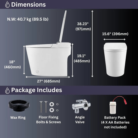 Dimensions and package details for Hassle Free Tankless Smart Toilet Heated Seat Auto Flush Lid Smooth Dual Flush 1000 Map Rating.