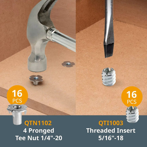 128 Piece T Track Knob Kit With 5/16-18 Threaded Bolts And Washers showing tee nuts and threaded inserts being installed