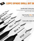 Close-up of Go-To Spade Drill Bit Set for Woodworking, 13-piece alloy steel paddle bits with sizes visible on bits.