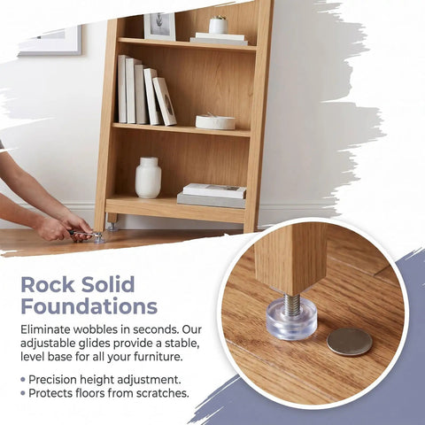 40 Piece M6 Threaded Leveling Feet Set For Chairs And Cabinets 18mm Diameter Transparent PVC and metal feet on wood floor.