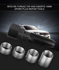 Pro Grade Carbon Steel Plug Tap Set For 14mm x 1.25 Thread Repair With Four Inserts next to a car image