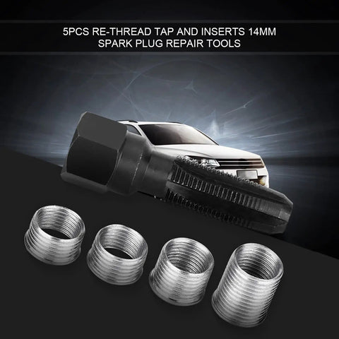 Pro Grade Carbon Steel Plug Tap Set For 14mm x 1.25 Thread Repair With Four Inserts next to a car image