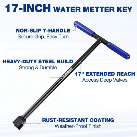 Heavy Duty 17 Inch Water Meter Key With 4 Way Utility Key Extended Reach Valve Tool For Outdoor Underground Valves Steel Curb Shut Off Key With Non Slip T Handle Built For Contractors And Homeowners By WORKPRO showcasing design features.
