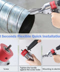 360 Degree Pivoting Drill Metal Shear Attachment cutting metal duct with hands demonstrating setup and installation steps for heavy duty use