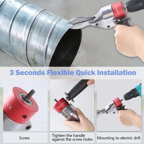 360 Degree Pivoting Drill Metal Shear Attachment cutting metal duct with hands demonstrating setup and installation steps for heavy duty use