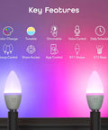 WiFi Smart E12 B11 Candle Bulb 40W Equivalent Multicolor Dimmable Tunable White LED With Schedules Timers And Voice Assistant Compatibility 4 Pack Easy Setup For Chandeliers And Ceiling Fixtures displaying key features and colored lighting