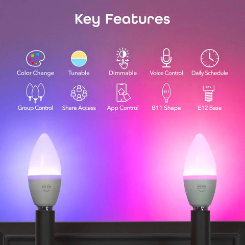 WiFi Smart E12 B11 Candle Bulb 40W Equivalent Multicolor Dimmable Tunable White LED With Schedules Timers And Voice Assistant Compatibility 4 Pack Easy Setup For Chandeliers And Ceiling Fixtures displaying key features and colored lighting