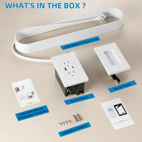 In-Wall Cable Management Kit With Recessed Outlet Box For Wall Mounted TV, contents in box including 9.8 ft cord, socket panel.