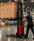 Super Tough 6000 Lbs Semi Electric Pallet Stacker With 118 Inch Lift Height in warehouse lifting wooden crate.