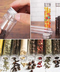 18 Pack 115 Ml Clear Plastic Test Tubes With Screw Caps Flat Bottom Great For Bath Salts Candy Party Favors Weddings Christmas Decor And DIY Craft Projects In Clear PET Containers, clear PET tubes with screw caps filled with candy and spices