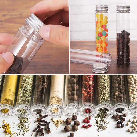 18 Pack 115 Ml Clear Plastic Test Tubes With Screw Caps Flat Bottom Great For Bath Salts Candy Party Favors Weddings Christmas Decor And DIY Craft Projects In Clear PET Containers, clear PET tubes with screw caps filled with candy and spices