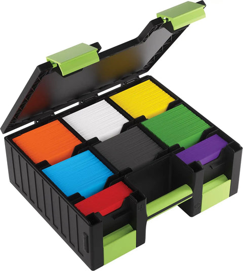 All-In-One Double-Sided Card Case For Cards And Gaming Accessories With 19 Removable Trays In 5 Sizes Holds 6 Commander Decks Or Up To 80 Cards Game Night Ready For Tokens Dice And Tools Black And Green, open view with colorful card trays visible