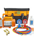 3.6 CFM AC Vacuum Pump And Gauge Set For R410A Refrigerants Home Mini Split Kit with manifold, hoses, fittings, and oil bottle
