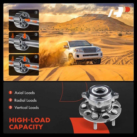 Diagram showing axial, radial, and vertical loads with rear wheel bearing and hub assembly for Honda CR-V and Acura RDX AWD high load capacity replacement.
