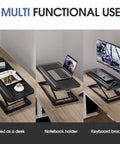 Standing Keyboard Tray With Adjustable Height For Sit Stand Desks, Ergonomic Keyboard And Mouse Riser With Wrist Rest, Space Saving Desktop Mount For Keyboard Or Laptop, 26.7 By 11.7 Inches Black shown in three uses