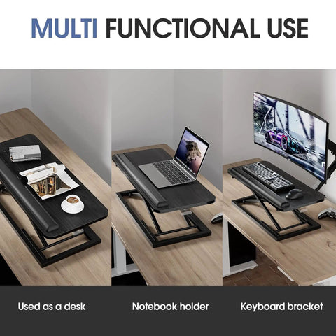 Standing Keyboard Tray With Adjustable Height For Sit Stand Desks, Ergonomic Keyboard And Mouse Riser With Wrist Rest, Space Saving Desktop Mount For Keyboard Or Laptop, 26.7 By 11.7 Inches Black shown in three uses