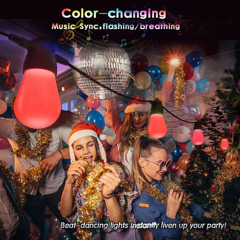 Solar Powered Outdoor String Lights 27ft RGB Color Changing, Dimmable Edison Bulbs at a festive party setting