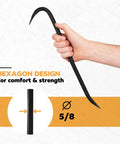 Hand holding Heavy Duty 18 Inch Wrecking Bar Pry Bar with Beveled Chisel End, Slotted Claw, Hexagon Design, 5/8 inch diameter.